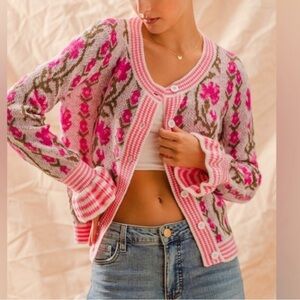 So Me Pink Floral Intarsia Cardigan Sweater
